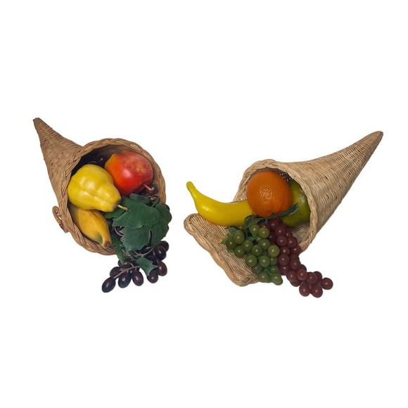 Vintage 15" Wicker Cornucopia Horn of Plenty Baskets Faux Fruit Fall Decor Set 2